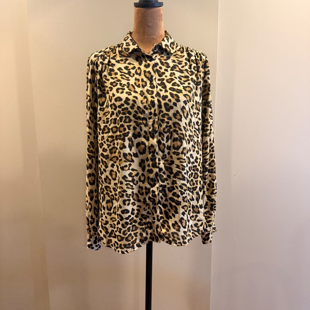H&M Button Down Women 4 Leopard Long Sleeve Blouse Mob Wife Chic Office Classic